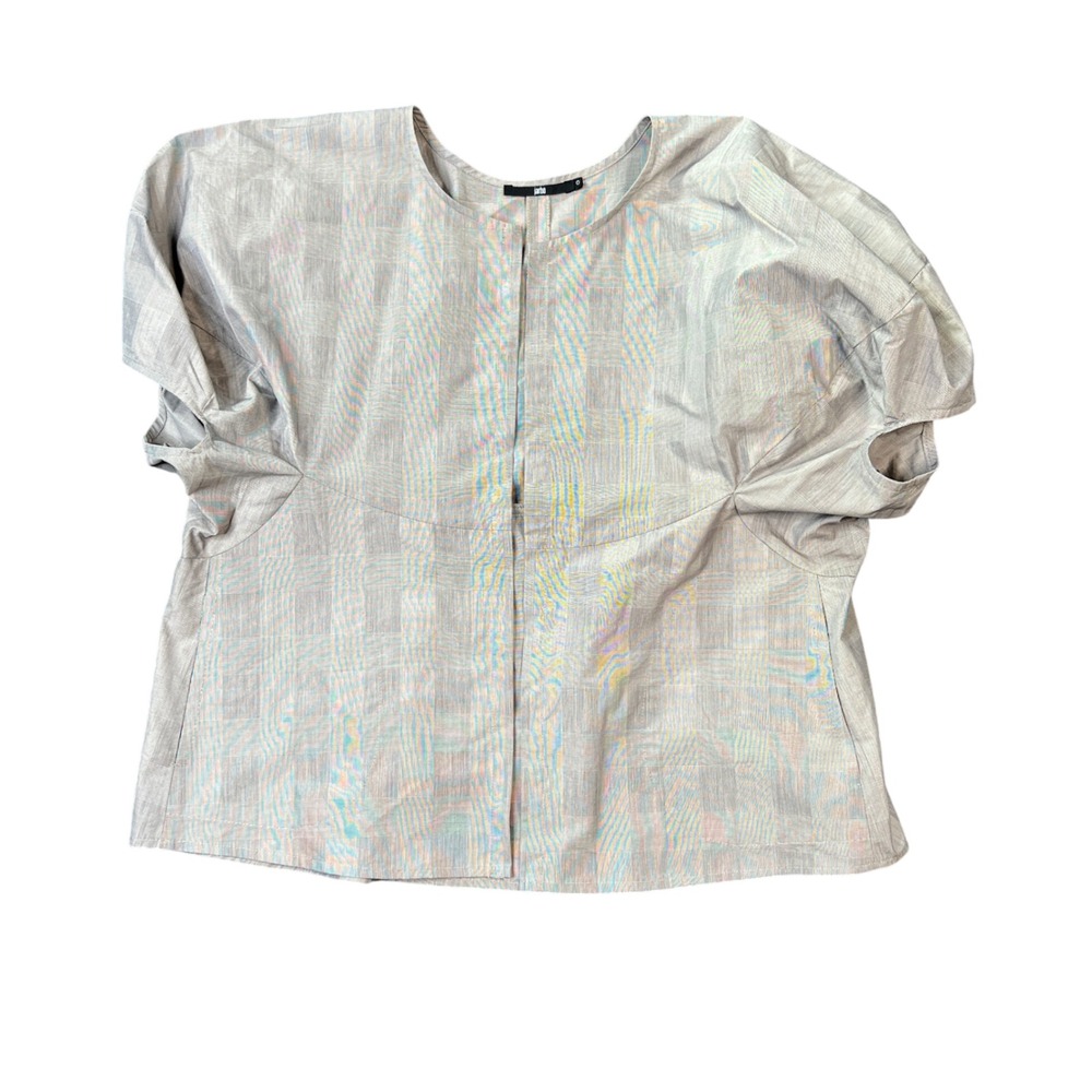 Jarbo Gray Striped Blouse Puff Sleeve Structured Top Boxy Modern Minimalist Sz 0